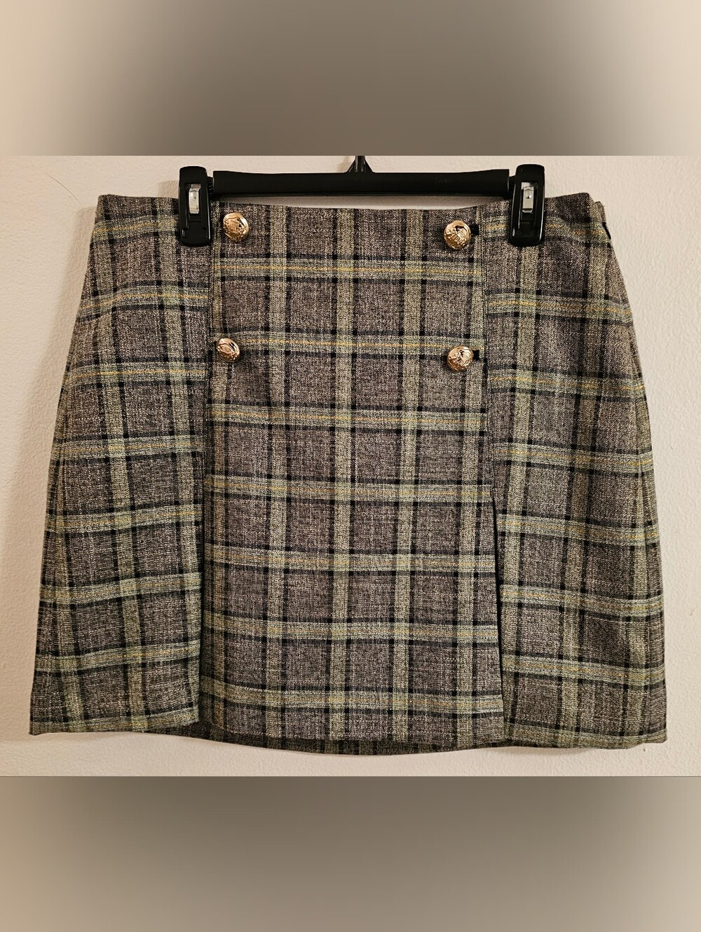 CeCe Plaid Mini Skirt with Gold Buttons in Black/Brown/Green and Gold.
